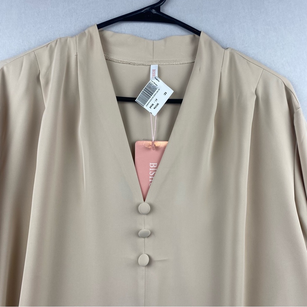 Beige V Neck Smocked Bishop Sleeves Ruffled Cuffs Blouse Women Plus Size 3XL